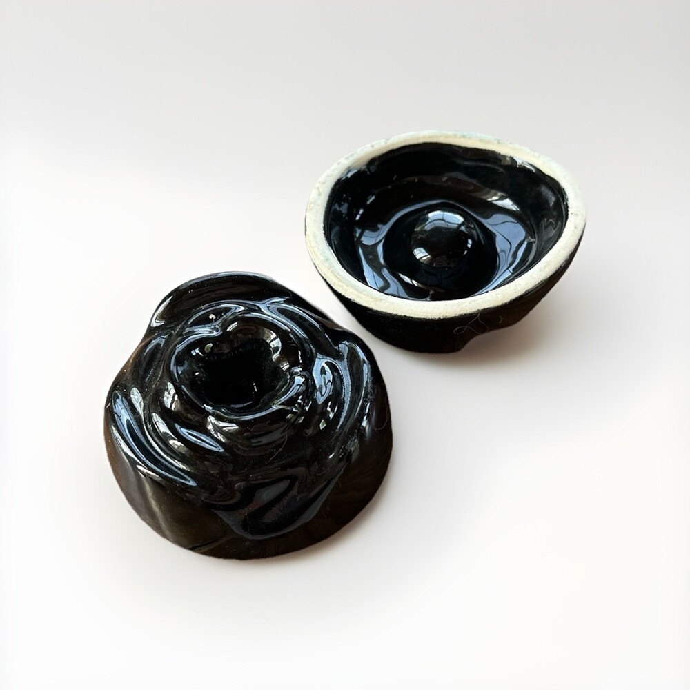 VTG Black Ceramic Rose Candle Holders Pair - Gothic Floral Pottery